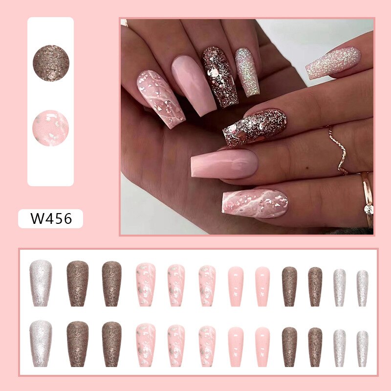 24Pcs Long Coffin False Nails Gold Glitter Sequins Designs Press On Full Cover Fake Nails Tips Wearable Manicure Art Accessories