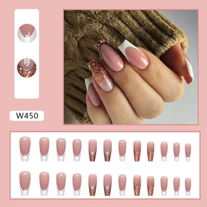 24Pcs Long Coffin False Nails Gold Glitter Sequins Designs Press On Full Cover Fake Nails Tips Wearable Manicure Art Accessories