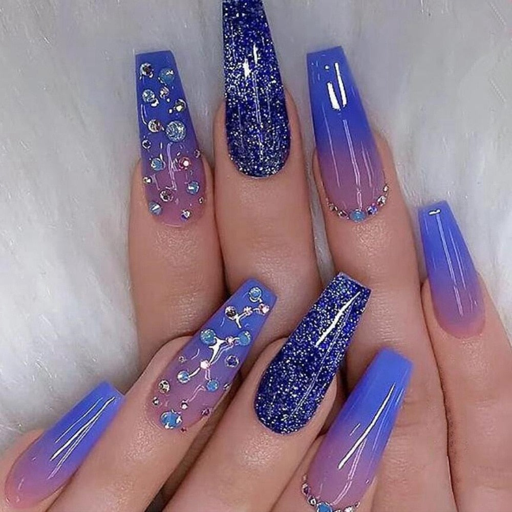 24Pcs Long Coffin False Nails Gold Glitter Sequins Designs Press On Full Cover Fake Nails Tips Wearable Manicure Art Accessories
