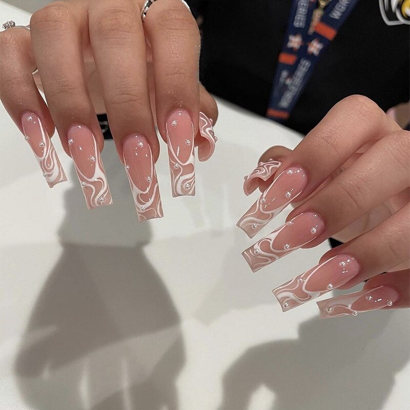 24Pcs Long Coffin False Nails with Glue Wearable Brown Fake Nails with Rhinestones Ballet Press on Nails Full Cover Nail Tips