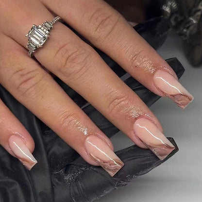 24Pcs Long Coffin False Nails with Glue Wearable Brown Fake Nails with Rhinestones Ballet Press on Nails Full Cover Nail Tips