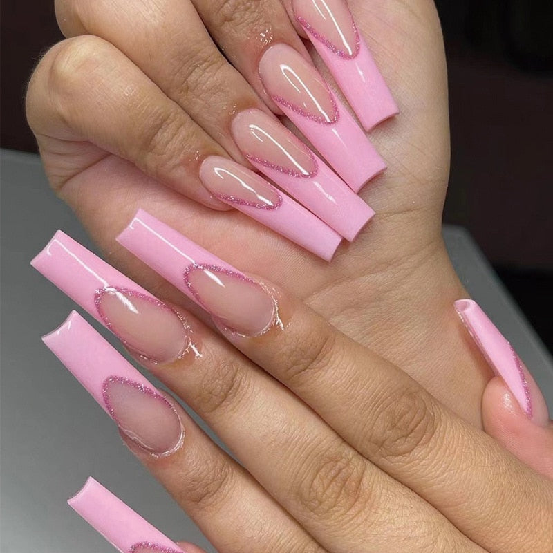 24Pcs Long Coffin False Nails with Glue Wearable Brown Fake Nails with Rhinestones Ballet Press on Nails Full Cover Nail Tips