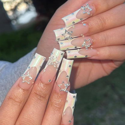 24Pcs Long Coffin False Nails with Glue Wearable Brown Fake Nails with Rhinestones Ballet Press on Nails Full Cover Nail Tips