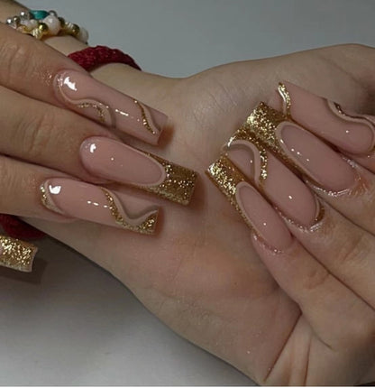 24Pcs Long Coffin False Nails with Glue Wearable Brown Fake Nails with Rhinestones Ballet Press on Nails Full Cover Nail Tips