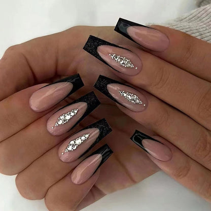24Pcs Long Coffin False Nails with Glue Wearable Brown Fake Nails with Rhinestones Ballet Press on Nails Full Cover Nail Tips