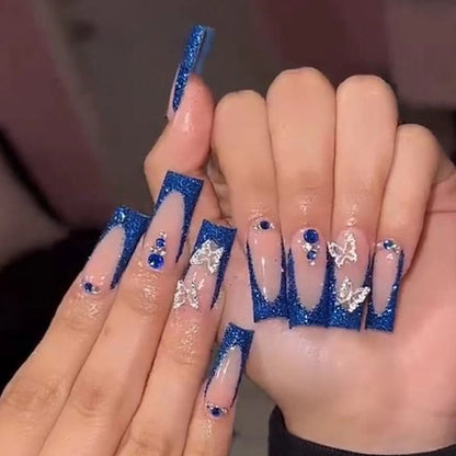 24Pcs Long Coffin False Nails with Glue Wearable Brown Fake Nails with Rhinestones Ballet Press on Nails Full Cover Nail Tips