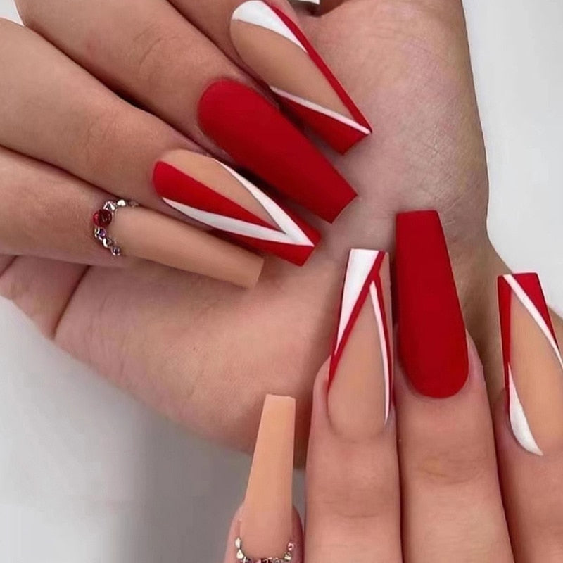 24Pcs Long Coffin False Nails with Glue Wearable Brown Fake Nails with Rhinestones Ballet Press on Nails Full Cover Nail Tips