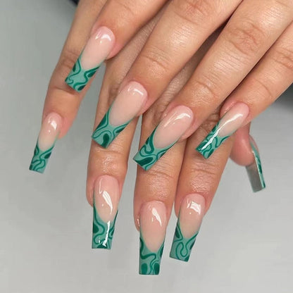 24Pcs Long Coffin False Nails with Glue Wearable Brown Fake Nails with Rhinestones Ballet Press on Nails Full Cover Nail Tips