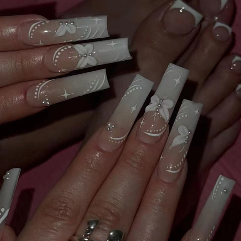 24Pcs Long Coffin False Nails with Glue Wearable Brown Fake Nails with Rhinestones Ballet Press on Nails Full Cover Nail Tips