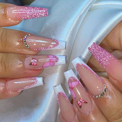 24Pcs Long Coffin False Nails with Glue Wearable Brown Fake Nails with Rhinestones Ballet Press on Nails Full Cover Nail Tips