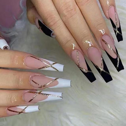 24Pcs Long Coffin False Nails with Glue Wearable Brown Fake Nails with Rhinestones Ballet Press on Nails Full Cover Nail Tips