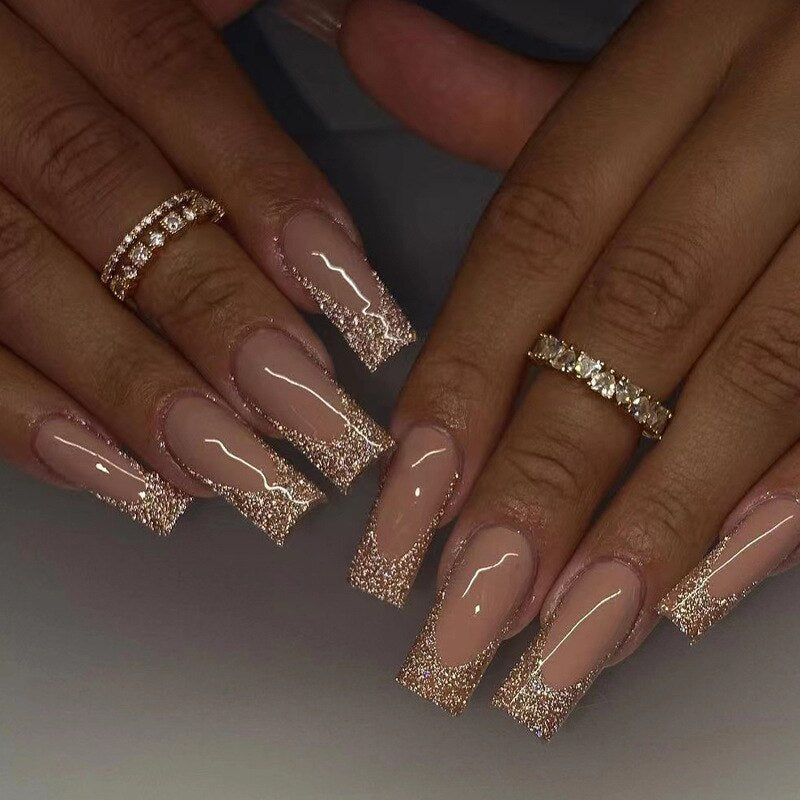 24Pcs Long Coffin False Nails with Glue Wearable Brown Fake Nails with Rhinestones Ballet Press on Nails Full Cover Nail Tips