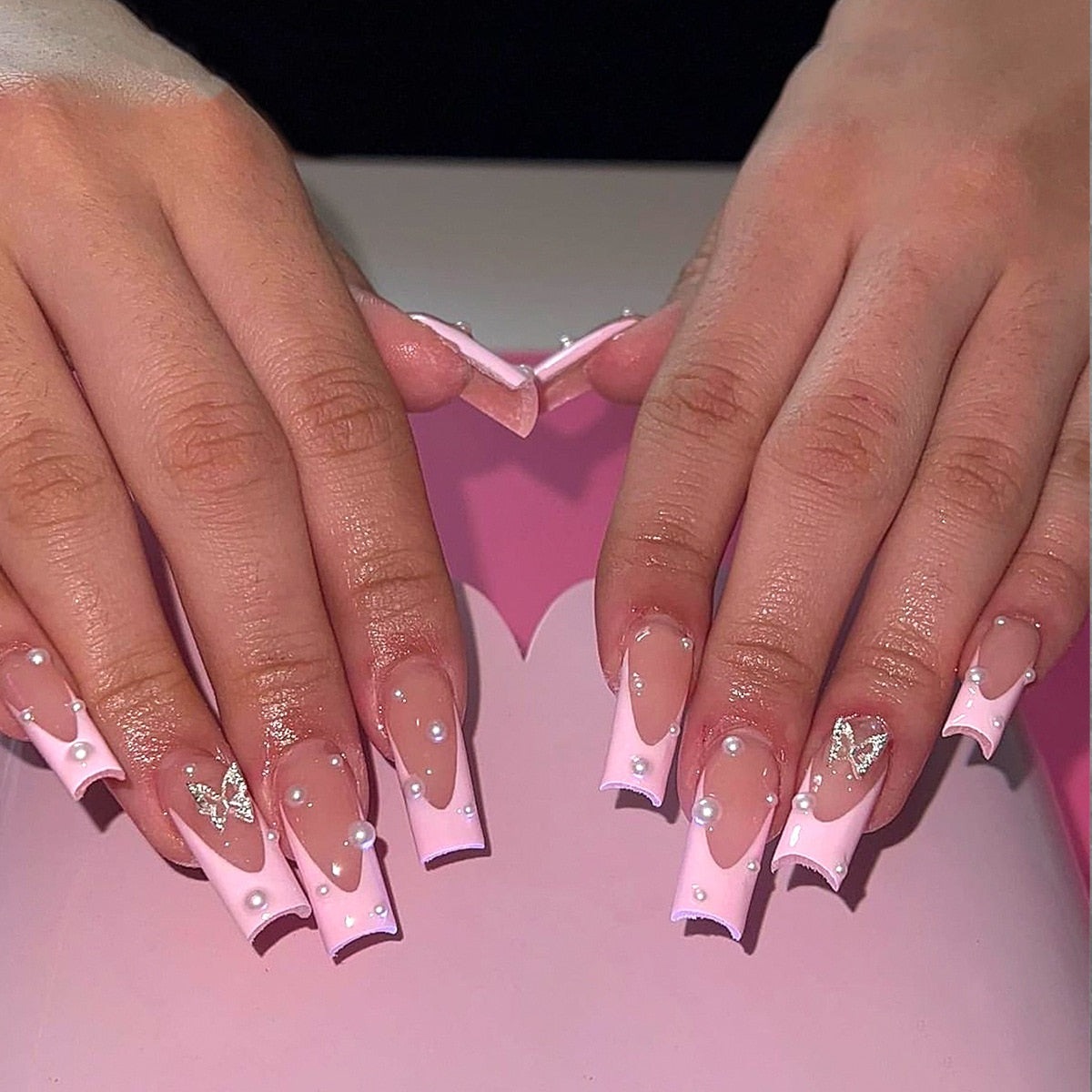 24Pcs Long Coffin False Nails with Glue Wearable Brown Fake Nails with Rhinestones Ballet Press on Nails Full Cover Nail Tips