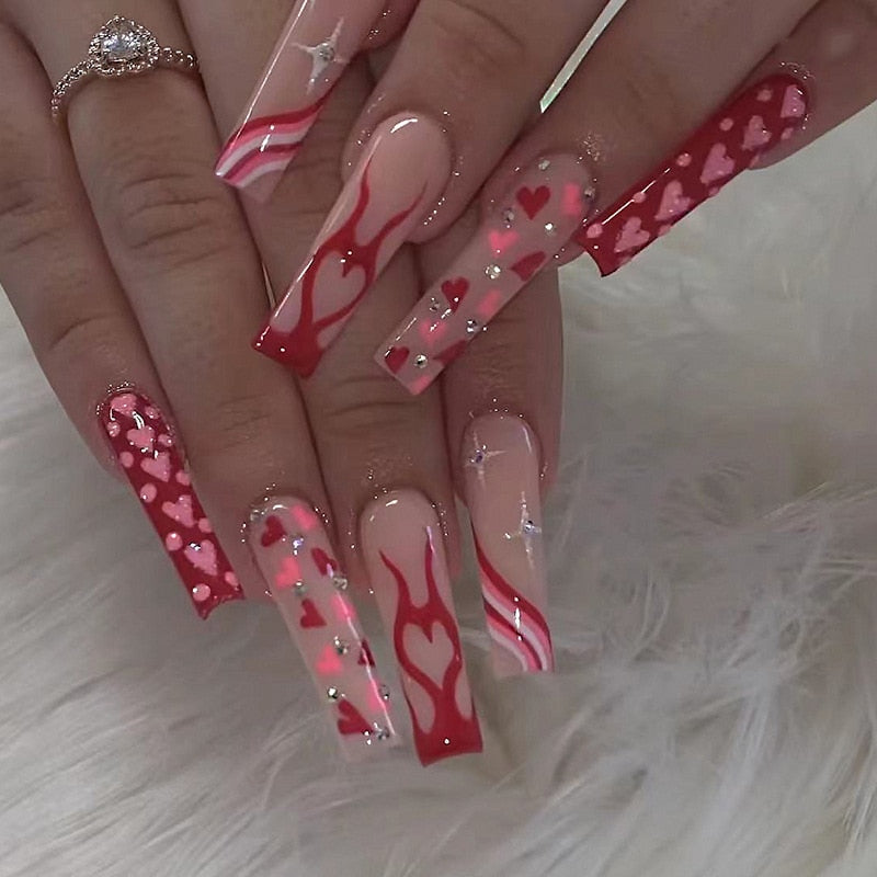 24Pcs Long Coffin False Nails with Glue Wearable Brown Fake Nails with Rhinestones Ballet Press on Nails Full Cover Nail Tips