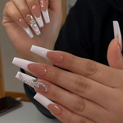 24Pcs Long Coffin False Nails with Glue Wearable Brown Fake Nails with Rhinestones Ballet Press on Nails Full Cover Nail Tips