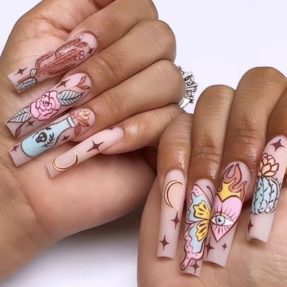24Pcs Long Coffin False Nails with Glue Wearable Brown Fake Nails with Rhinestones Ballet Press on Nails Full Cover Nail Tips