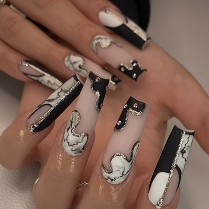 24Pcs Long Coffin False Nails with Glue Wearable Brown Fake Nails with Rhinestones Ballet Press on Nails Full Cover Nail Tips