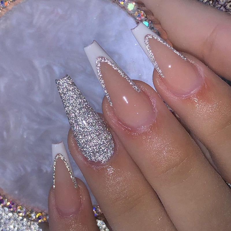 24Pcs Long Coffin False Nails with Glue Wearable Brown Fake Nails with Rhinestones Ballet Press on Nails Full Cover Nail Tips