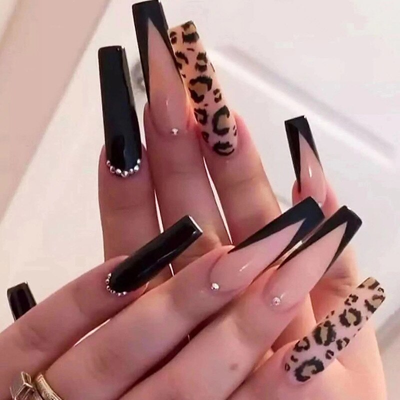 24Pcs Long Coffin False Nails with Glue Wearable Brown Fake Nails with Rhinestones Ballet Press on Nails Full Cover Nail Tips