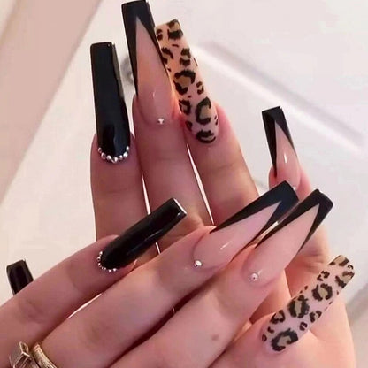 24Pcs Long Coffin False Nails with Glue Wearable Brown Fake Nails with Rhinestones Ballet Press on Nails Full Cover Nail Tips