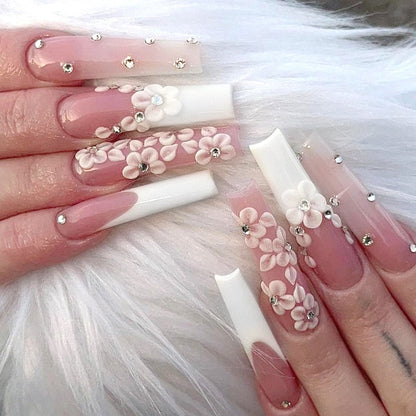 24Pcs Long Coffin False Nails with Glue Wearable Brown Fake Nails with Rhinestones Ballet Press on Nails Full Cover Nail Tips