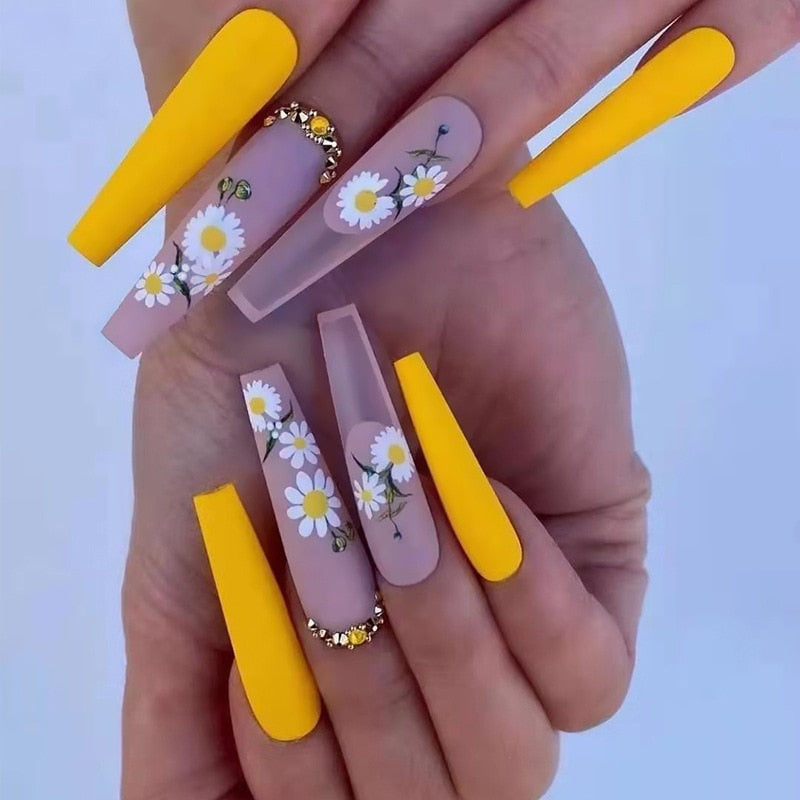 24Pcs Long Coffin False Nails with Glue Wearable Brown Fake Nails with Rhinestones Ballet Press on Nails Full Cover Nail Tips