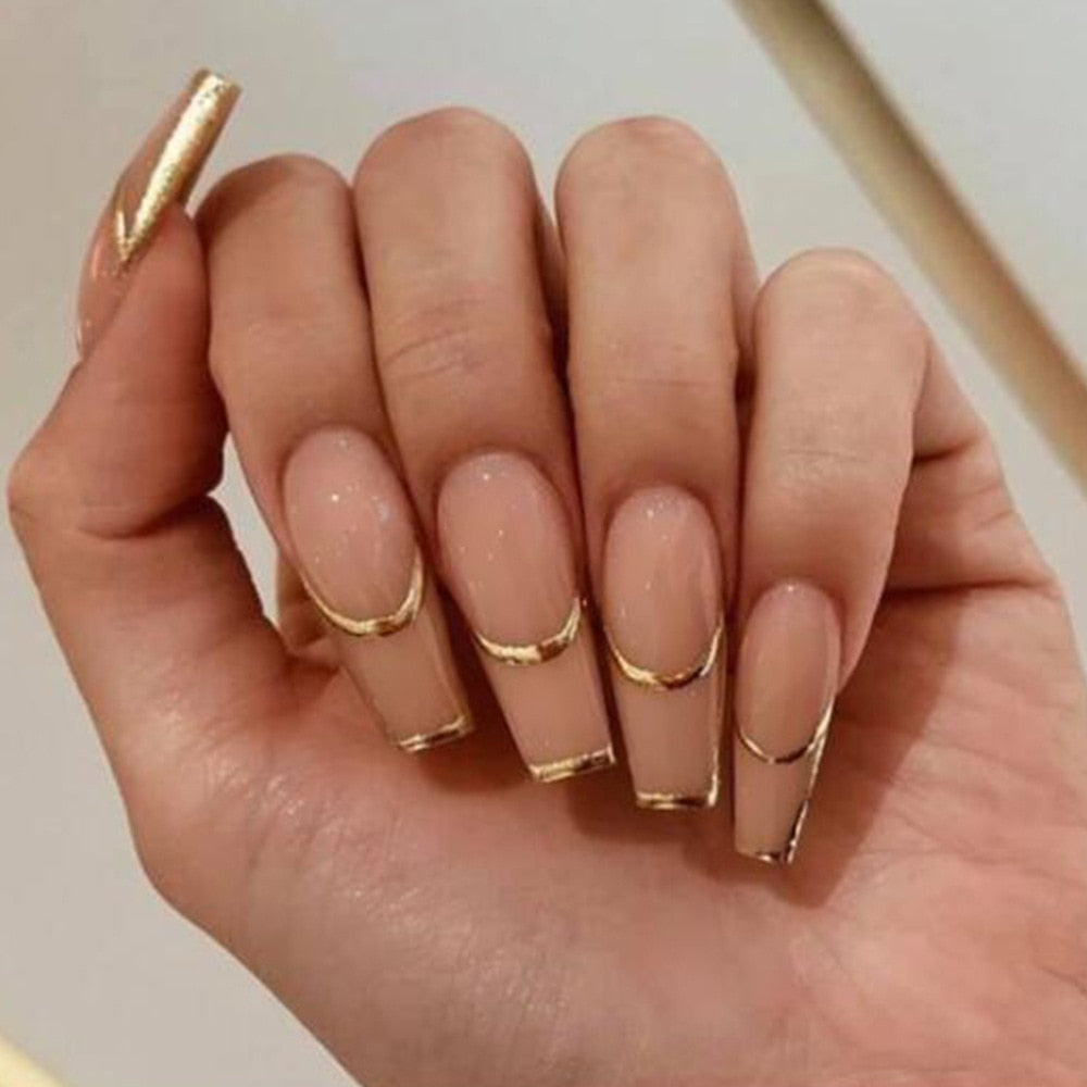 24Pcs Long Coffin False Nails with Glue Wearable Brown Fake Nails with Rhinestones Ballet Press on Nails Full Cover Nail Tips