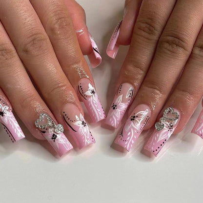 24Pcs Long Coffin False Nails with Glue Wearable Brown Fake Nails with Rhinestones Ballet Press on Nails Full Cover Nail Tips