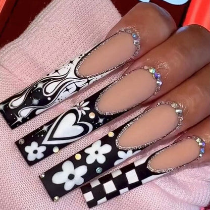 24Pcs Long Coffin False Nails with Glue Wearable Brown Fake Nails with Rhinestones Ballet Press on Nails Full Cover Nail Tips