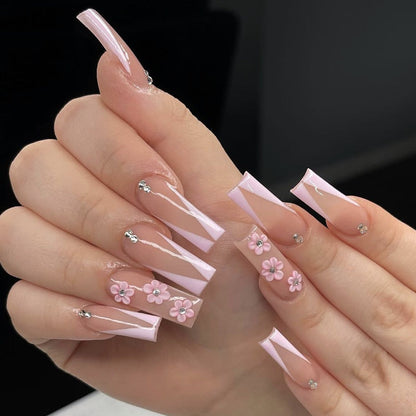 24Pcs Long Coffin False Nails with Glue Wearable Brown Fake Nails with Rhinestones Ballet Press on Nails Full Cover Nail Tips