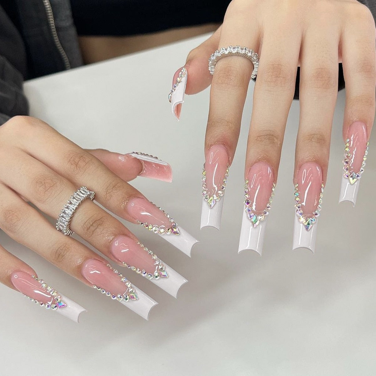 24Pcs Long Coffin False Nails with Glue Wearable Brown Fake Nails with Rhinestones Ballet Press on Nails Full Cover Nail Tips