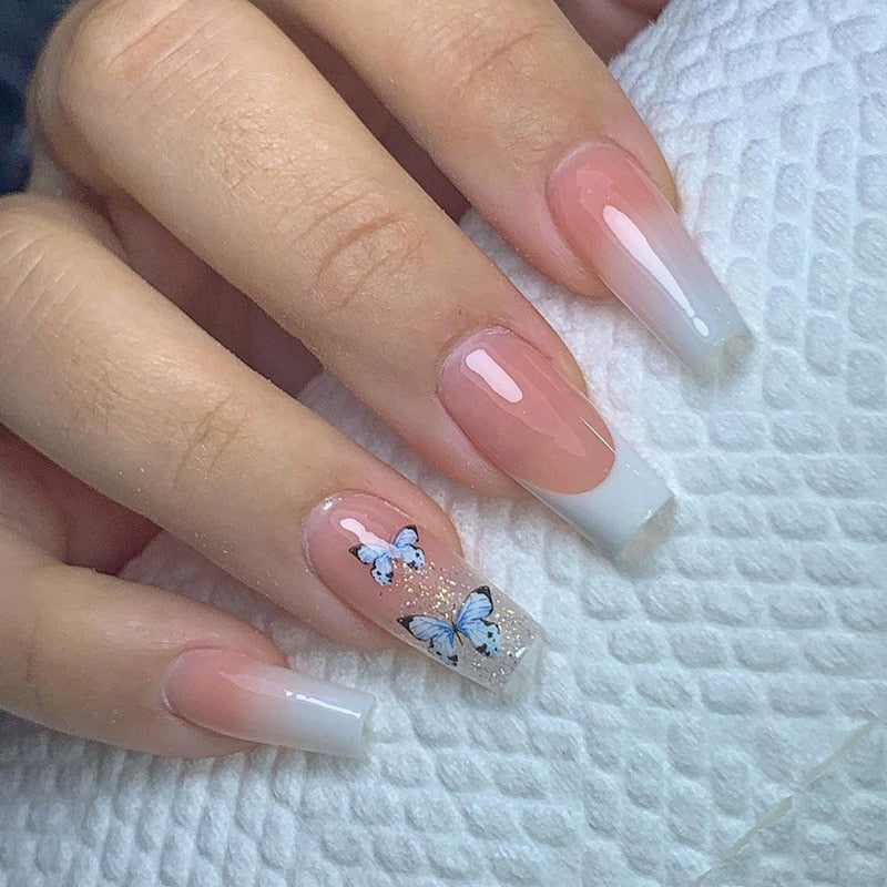 24Pcs Long Coffin False Nails with Glue Wearable Brown Fake Nails with Rhinestones Ballet Press on Nails Full Cover Nail Tips