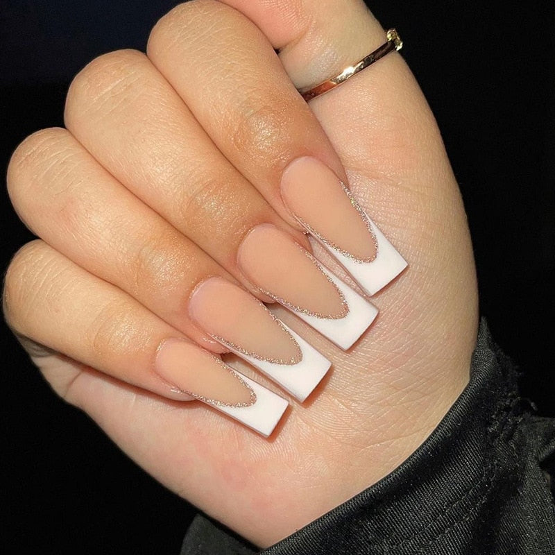 24Pcs Long Coffin False Nails with Glue Wearable Brown Fake Nails with Rhinestones Ballet Press on Nails Full Cover Nail Tips