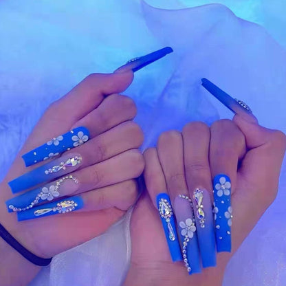 24Pcs Long Coffin False Nails with Glue Wearable Brown Fake Nails with Rhinestones Ballet Press on Nails Full Cover Nail Tips