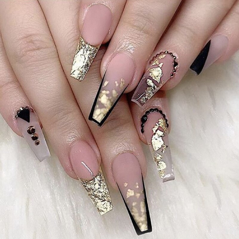24Pcs Long Coffin False Nails with Glue Wearable Brown Fake Nails with Rhinestones Ballet Press on Nails Full Cover Nail Tips