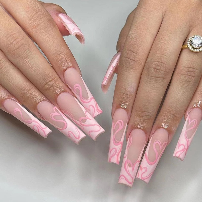 24Pcs Long Coffin False Nails with Glue Wearable Brown Fake Nails with Rhinestones Ballet Press on Nails Full Cover Nail Tips