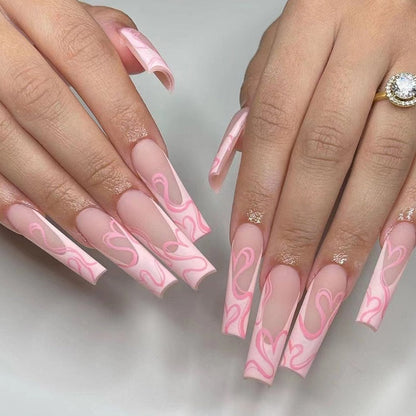 24Pcs Long Coffin False Nails with Glue Wearable Brown Fake Nails with Rhinestones Ballet Press on Nails Full Cover Nail Tips
