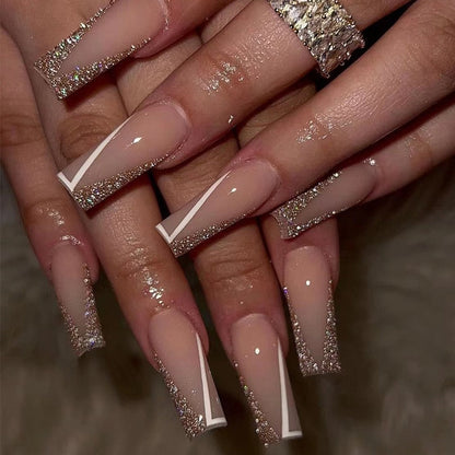 24Pcs Long Coffin False Nails with Glue Wearable Brown Fake Nails with Rhinestones Ballet Press on Nails Full Cover Nail Tips
