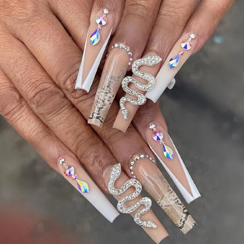 24Pcs Long Coffin False Nails with Glue Wearable Brown Fake Nails with Rhinestones Ballet Press on Nails Full Cover Nail Tips