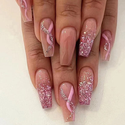 24Pcs Long Coffin False Nails with Glue Wearable Brown Fake Nails with Rhinestones Ballet Press on Nails Full Cover Nail Tips