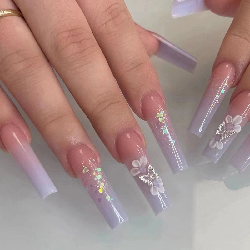 24Pcs Long Coffin False Nails with Glue Wearable Brown Fake Nails with Rhinestones Ballet Press on Nails Full Cover Nail Tips