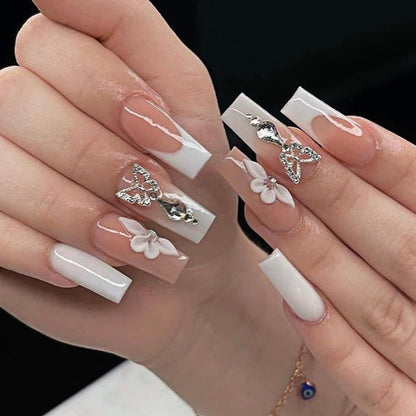 24Pcs Long Coffin False Nails with Glue Wearable Brown Fake Nails with Rhinestones Ballet Press on Nails Full Cover Nail Tips