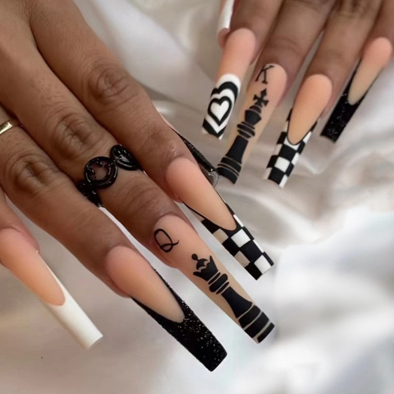 24Pcs Long Coffin False Nails with Glue Wearable Brown Fake Nails with Rhinestones Ballet Press on Nails Full Cover Nail Tips