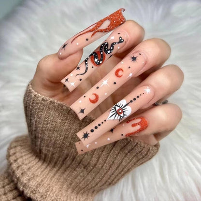 24Pcs Long Coffin False Nails with Glue Wearable Brown Fake Nails with Rhinestones Ballet Press on Nails Full Cover Nail Tips