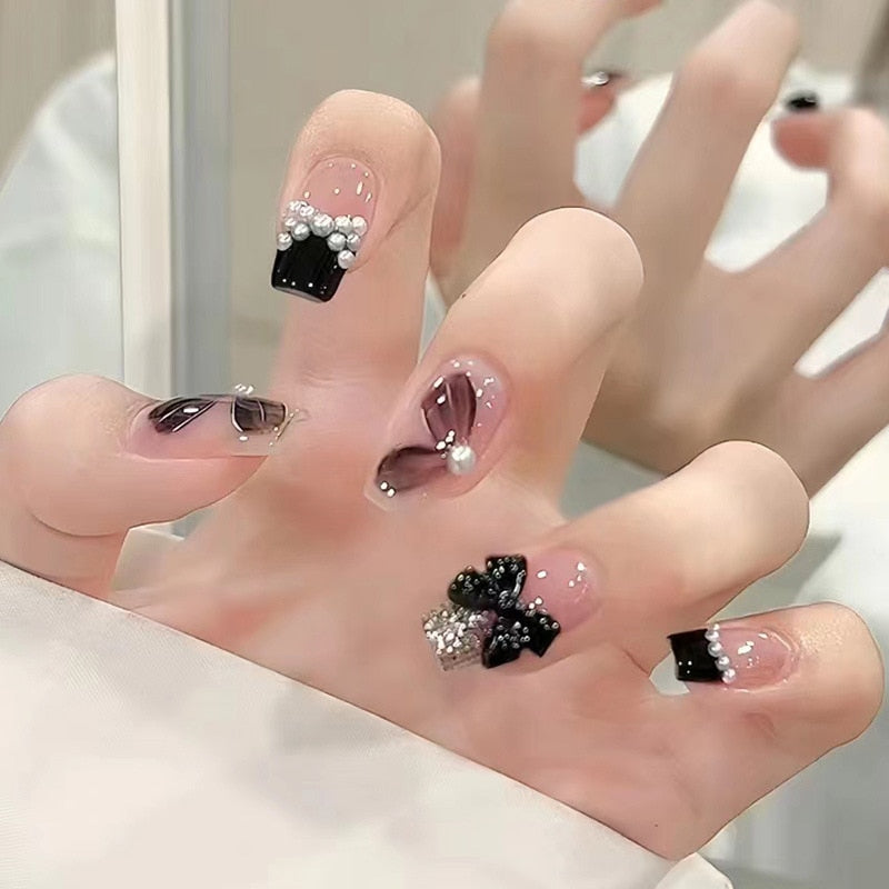 24Pcs Long Coffin Square False Nails Ballet Fake Nails Press on Nails Black Heart Rhinestone Design Glitter Full Cover Nail Tips