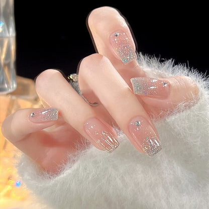 24Pcs Long Coffin Square False Nails Ballet Fake Nails Press on Nails Black Heart Rhinestone Design Glitter Full Cover Nail Tips