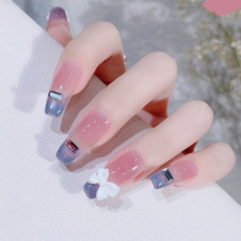 24Pcs Long Coffin Square False Nails Ballet Fake Nails Press on Nails Black Heart Rhinestone Design Glitter Full Cover Nail Tips