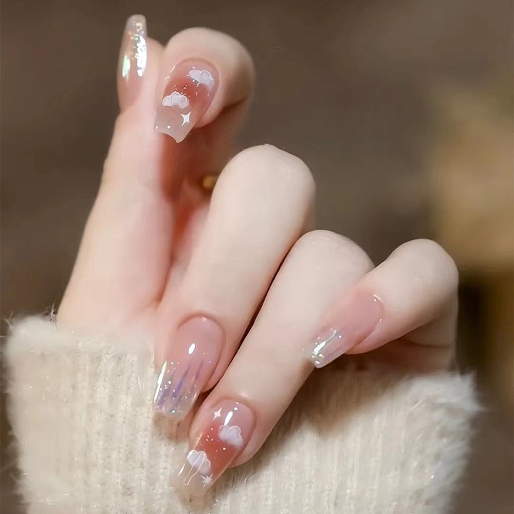 24Pcs Long Coffin Square False Nails Ballet Fake Nails Press on Nails Black Heart Rhinestone Design Glitter Full Cover Nail Tips