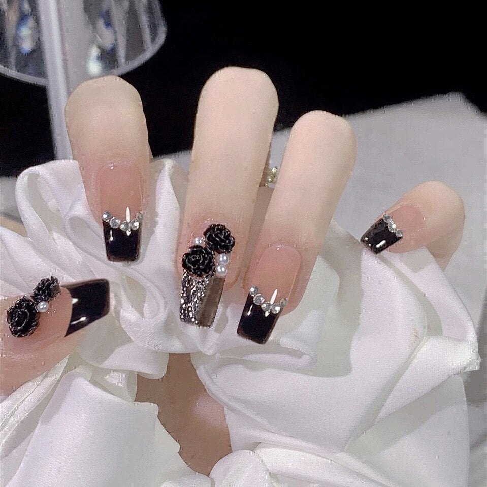 24Pcs Long Coffin Square False Nails Ballet Fake Nails Press on Nails Black Heart Rhinestone Design Glitter Full Cover Nail Tips