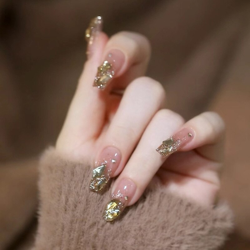 24Pcs Long Coffin Square False Nails Ballet Fake Nails Press on Nails Black Heart Rhinestone Design Glitter Full Cover Nail Tips